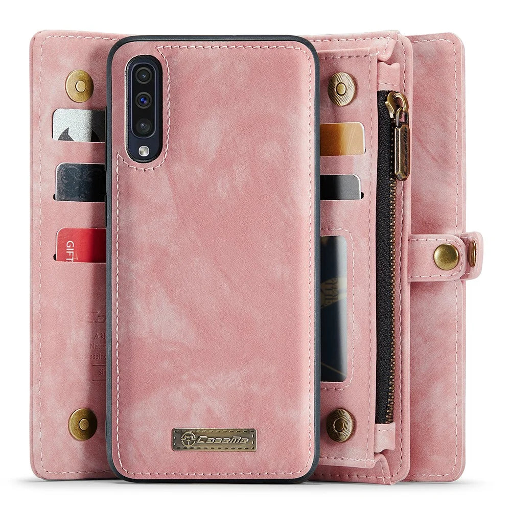 CASEME 008 Series for Samsung Galaxy A70 PU Leather Magnetic Detachable Zipper Phone Case Multi-slot Wallet Stand Cover - Pink - 3