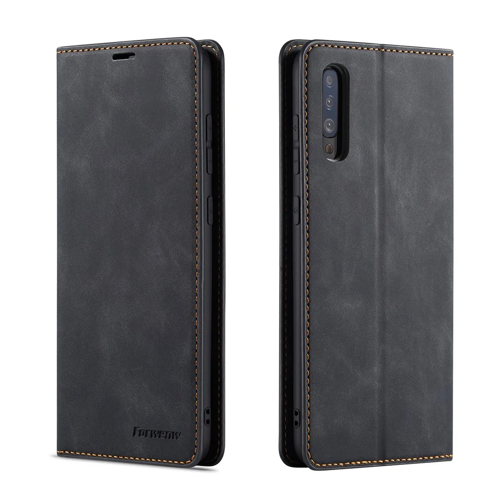 FORWENW Fantasy Series Silky Touch Leather Wallet Stand Case for Samsung Galaxy A50/A50s/A30s - Black - 1
