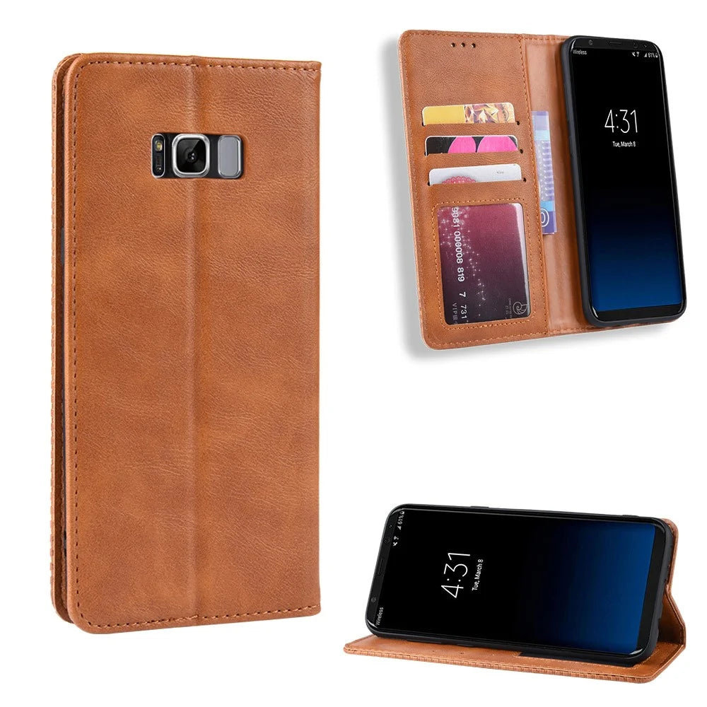 Auto-absorbed Vintage Leather Wallet Stand Shell for Samsung Galaxy S8 - Brown - 1