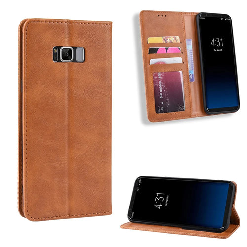 Auto-absorbed Vintage Leather Wallet Stand Shell for Samsung Galaxy S8 - Brown - 1