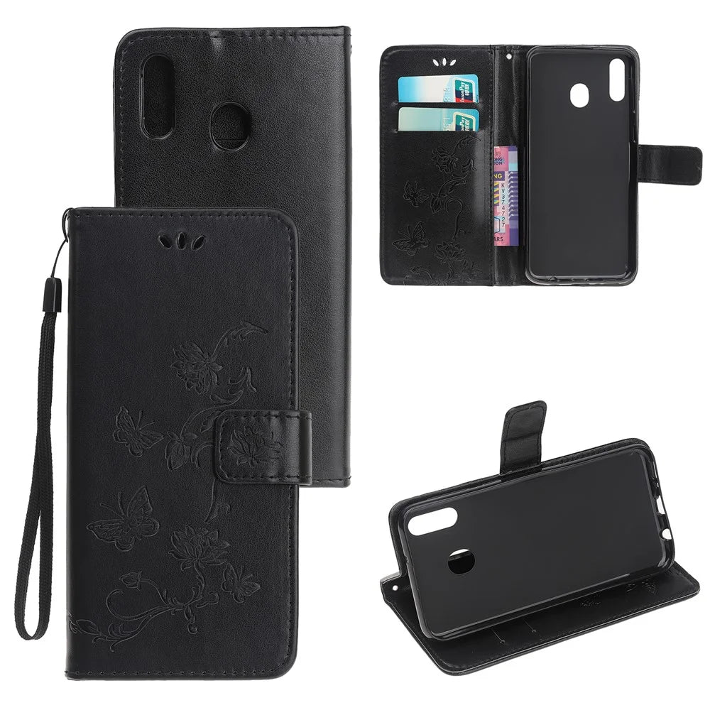 Imprint Butterfly Flowers Leather Wallet Case for Samsung Galaxy A20e - Black - 1