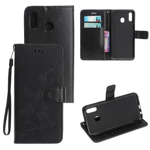 Imprint Butterfly Flowers Leather Wallet Case for Samsung Galaxy A20e - Black - 1