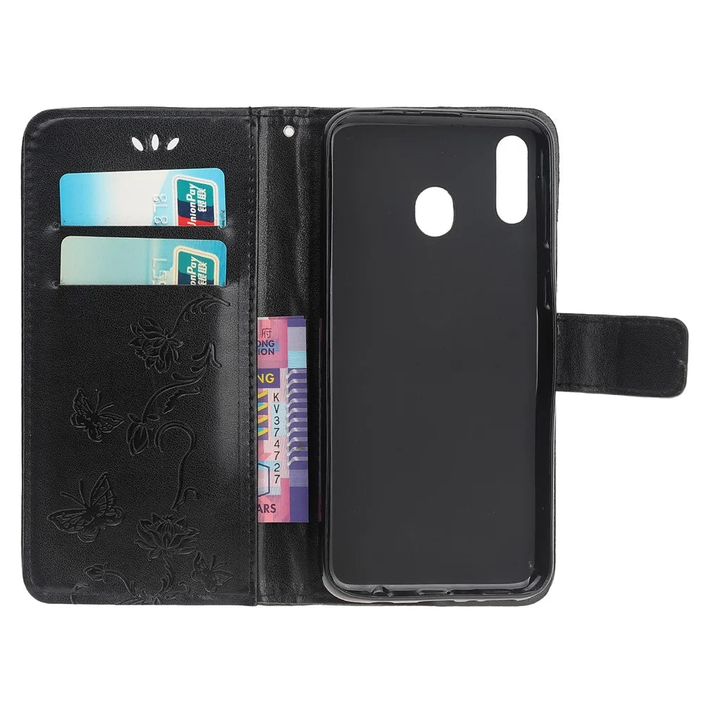Imprint Butterfly Flowers Leather Wallet Case for Samsung Galaxy A20e - Black - 5