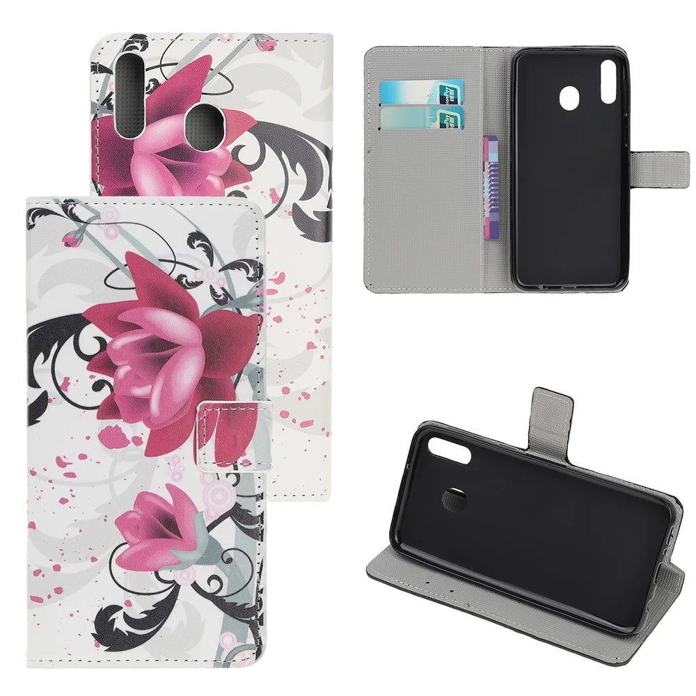 Pattern Printing Flip Leather Wallet Phone Case for Samsung Galaxy A20e - Kapok Flower - 1