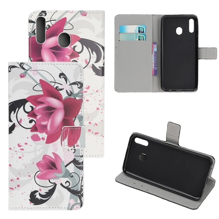 Pattern Printing Flip Leather Wallet Phone Case for Samsung Galaxy A20e - Kapok Flower - 1