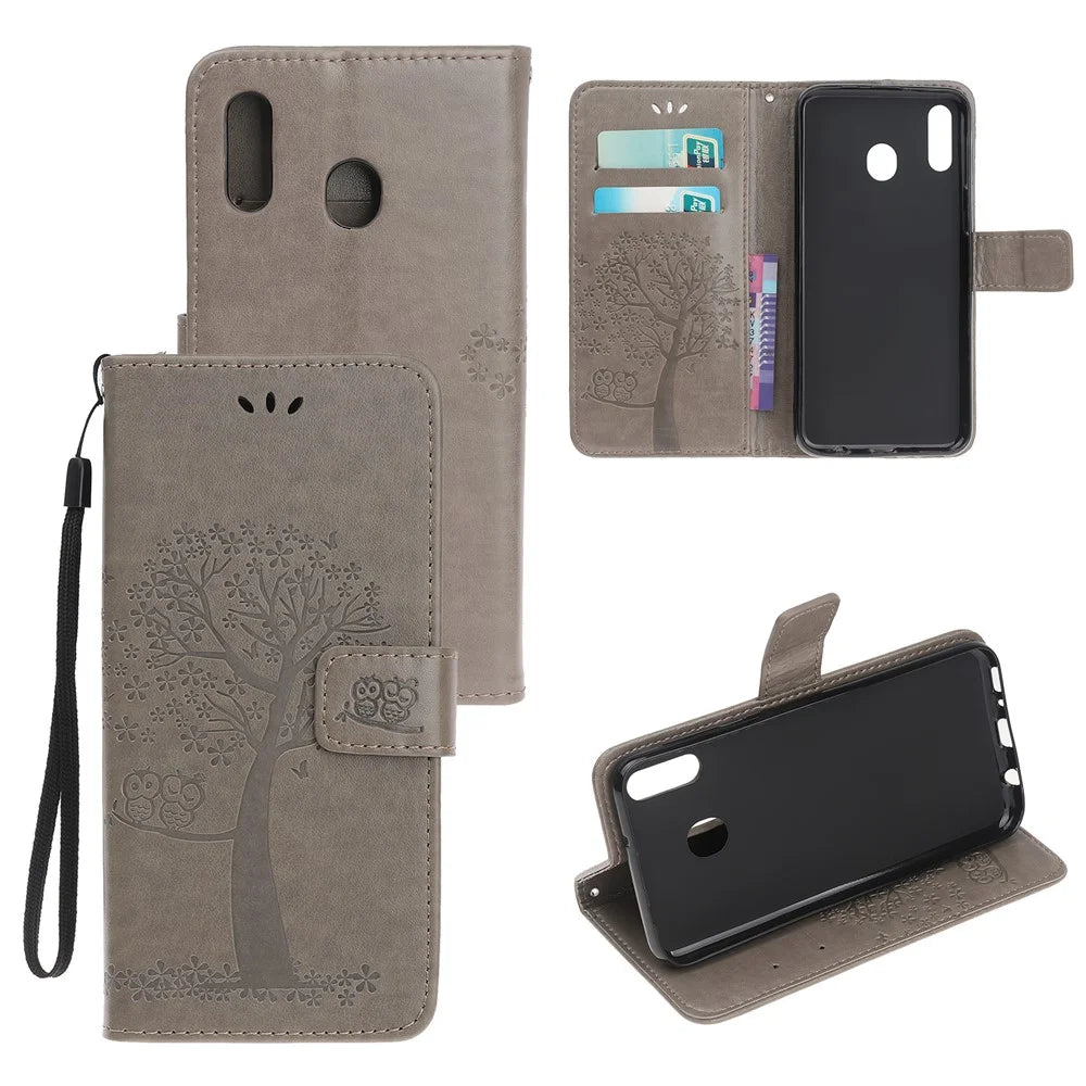 Imprint Tree+Owl Leather Wallet Phone Case for Samsung Galaxy A20e - Grey - 1
