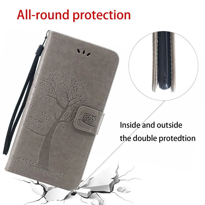 Imprint Tree+Owl Leather Wallet Phone Case for Samsung Galaxy A20e - Grey - 6