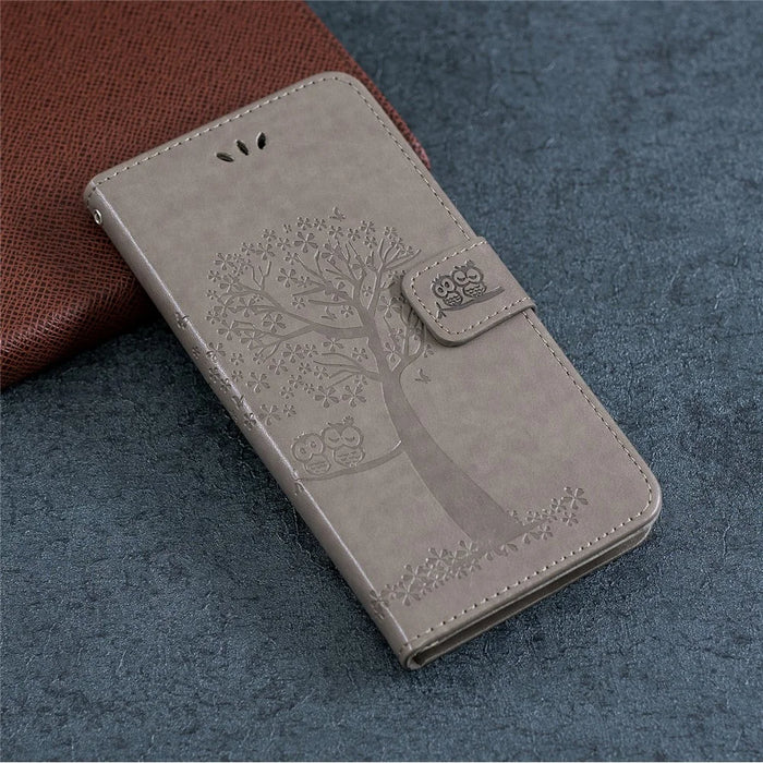 Imprint Tree+Owl Leather Wallet Phone Case for Samsung Galaxy A20e - Grey - 7