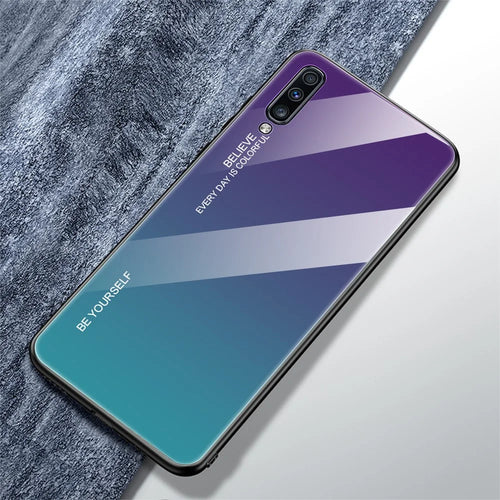 Gradient Color Glass + TPU Hybrid Case for Samsung Galaxy A70 - Purple / Blue - 1