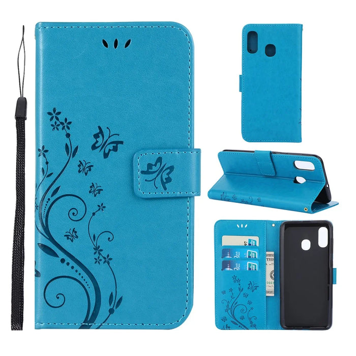 Imprint Butterfly Flowers Leather Phone Cover for Samsung Galaxy A30 / A20 - Blue - 1