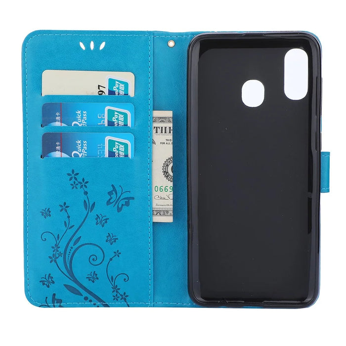 Imprint Butterfly Flowers Leather Phone Cover for Samsung Galaxy A30 / A20 - Blue - 3