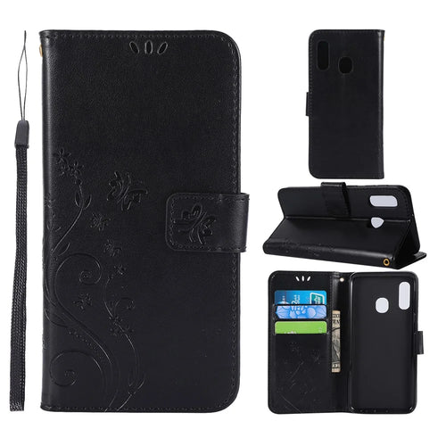 Imprint Butterfly Flowers Leather Phone Case for Samsung Galaxy A20e - Black - 1