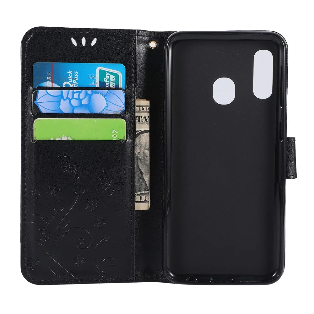 Imprint Butterfly Flowers Leather Phone Case for Samsung Galaxy A20e - Black - 5