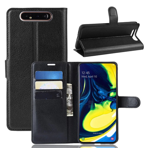 Litchi Skin Wallet Leather Stand Case for Samsung Galaxy A80 / A90 - Black - 1