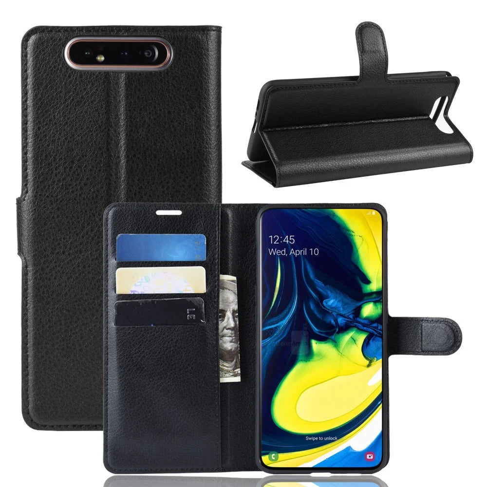 Litchi Skin Wallet Leather Stand Case for Samsung Galaxy A80 / A90 - Black - 1