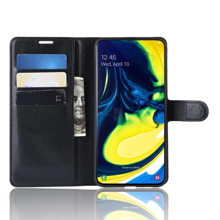 Litchi Skin Wallet Leather Stand Case for Samsung Galaxy A80 / A90 - Black - 4