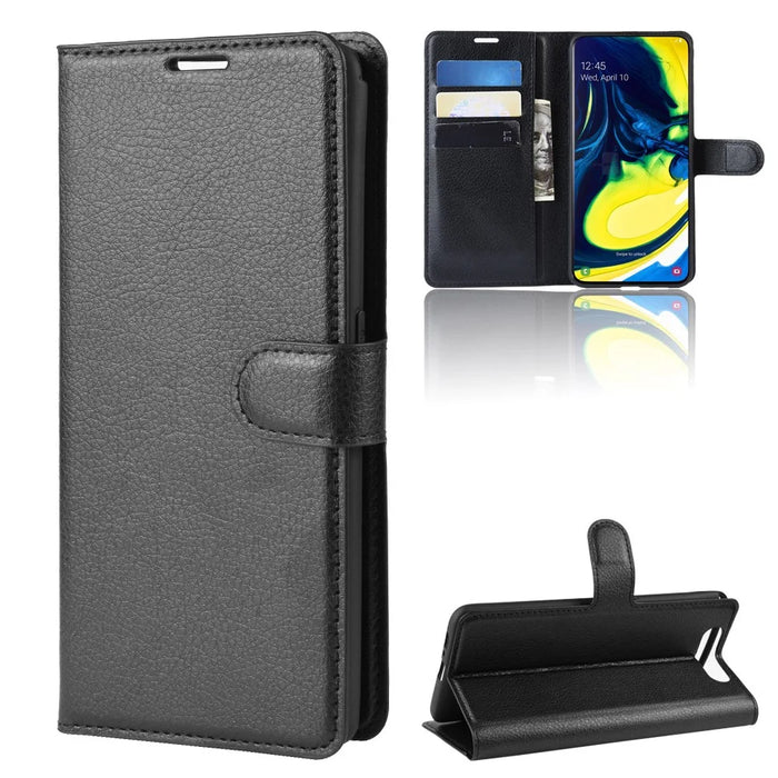Litchi Skin Wallet Leather Stand Case for Samsung Galaxy A80 / A90 - Black - 7