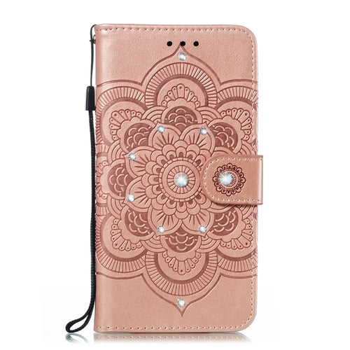 Shiny Diamond Imprint Flower Leather Phone Cover for Samsung Galaxy A20e - Rose Gold - 1