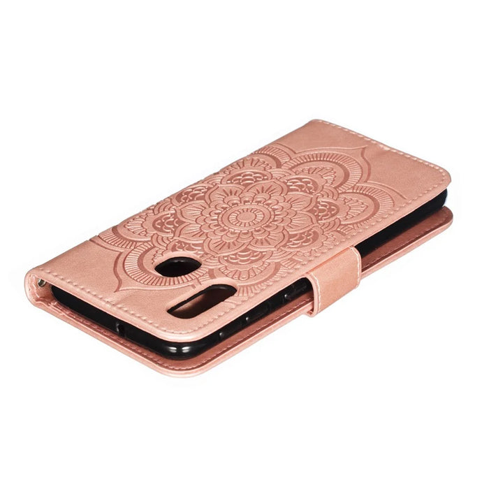 Shiny Diamond Imprint Flower Leather Phone Cover for Samsung Galaxy A20e - Rose Gold - 3