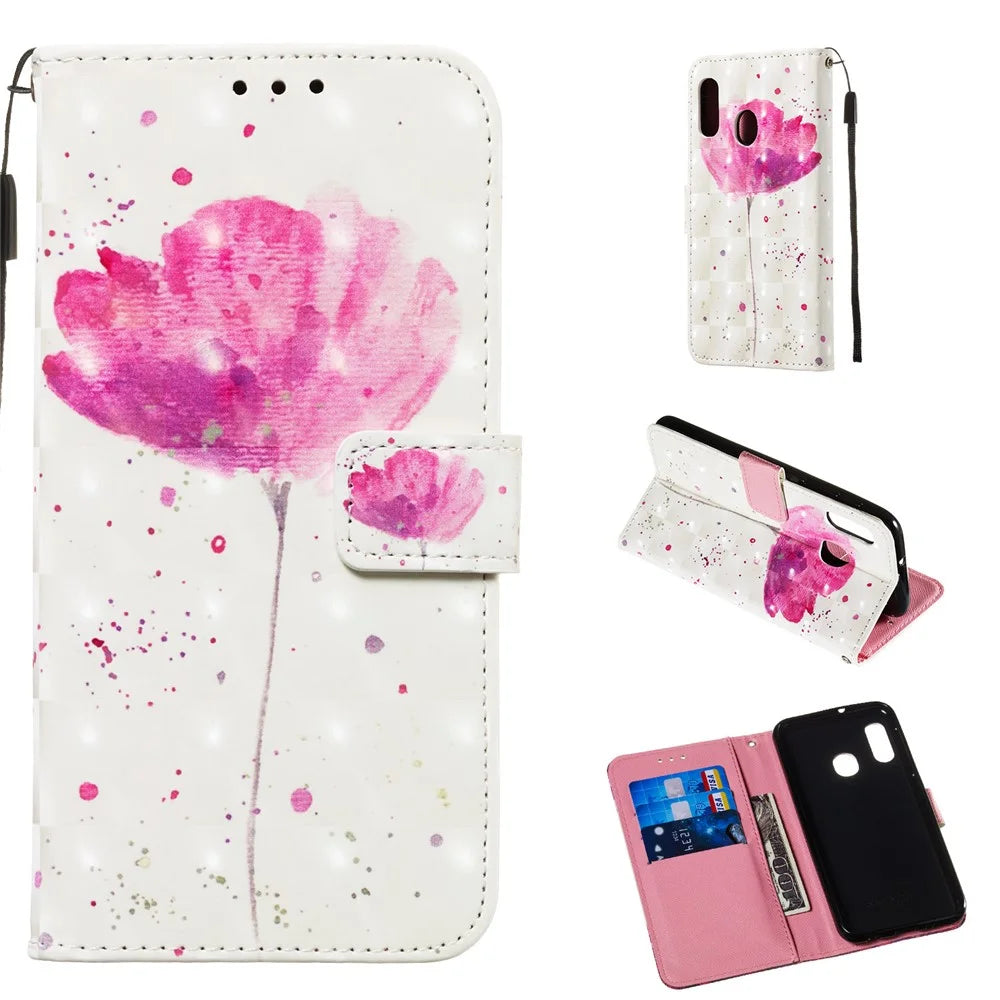 3D Painting Pattern Leather Phone Case with Card Wallet Slots for Samsung Galaxy A20e / A10e - Rose Flower - 1