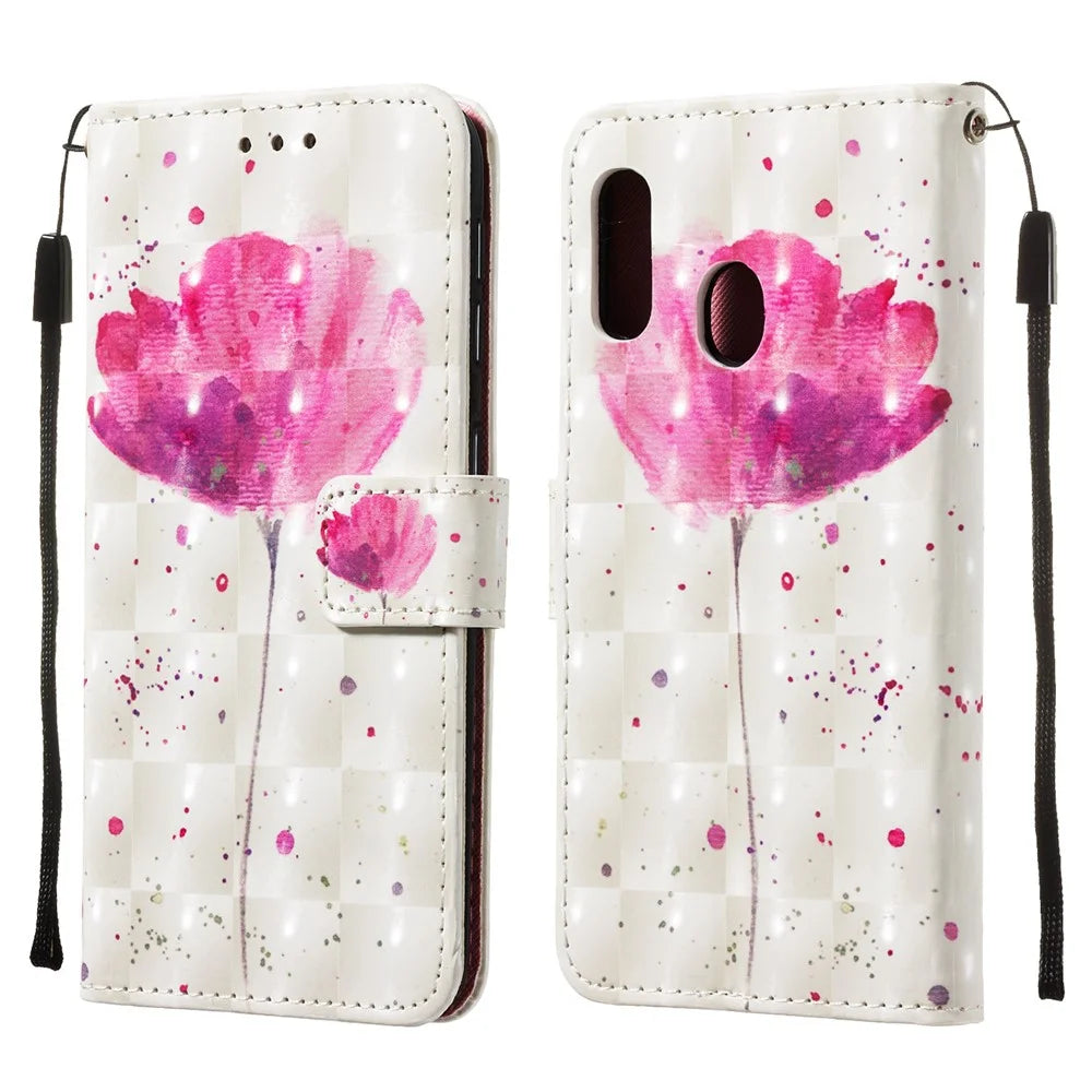 3D Painting Pattern Leather Phone Case with Card Wallet Slots for Samsung Galaxy A20e / A10e - Rose Flower - 3