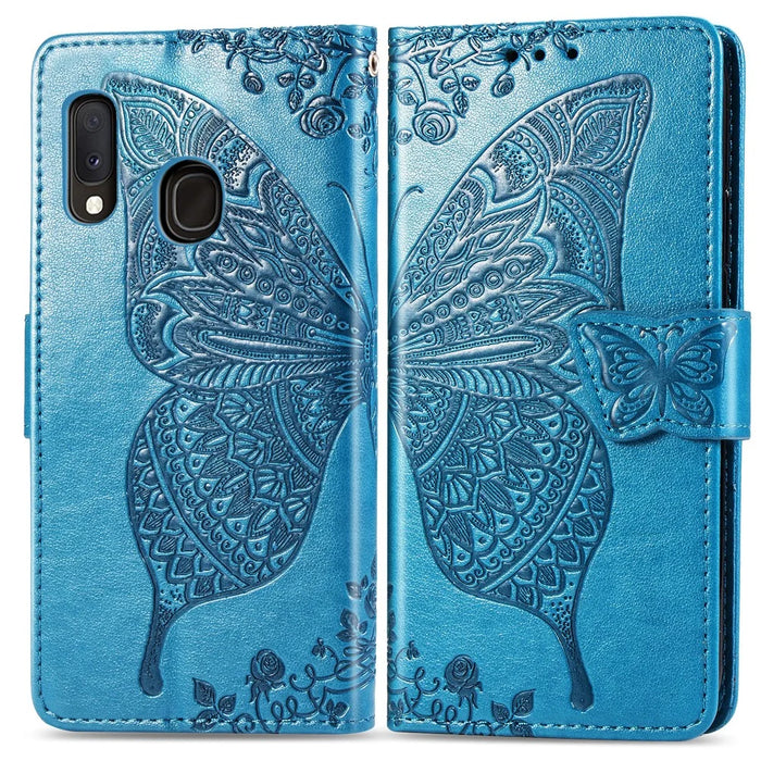 Imprint Butterfly Flower Leather Wallet Case for Samsung Galaxy A20e - Blue - 1