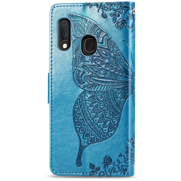 Imprint Butterfly Flower Leather Wallet Case for Samsung Galaxy A20e - Blue - 3