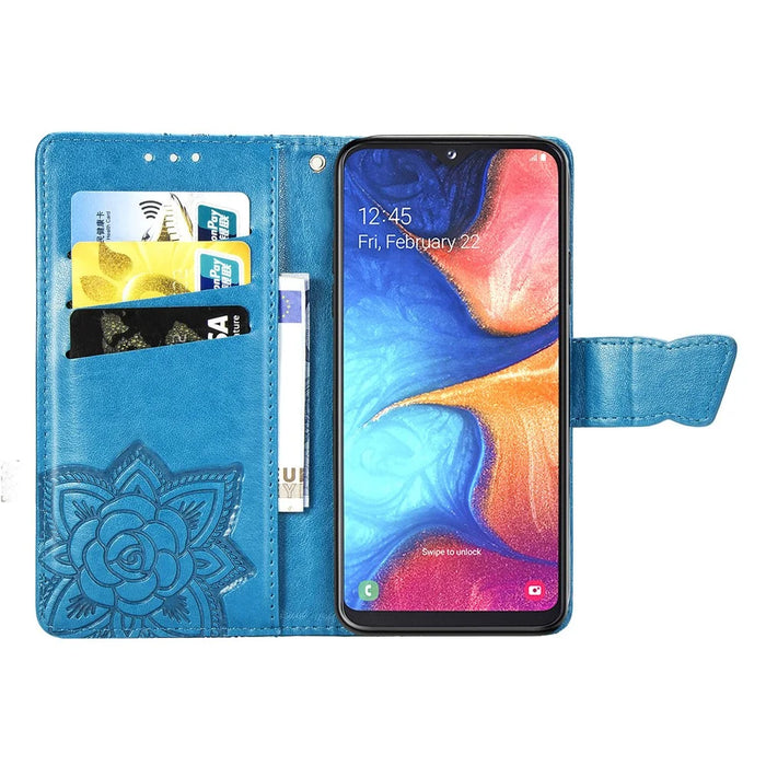 Imprint Butterfly Flower Leather Wallet Case for Samsung Galaxy A20e - Blue - 4