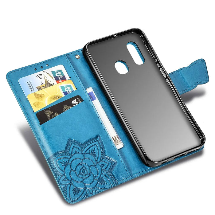 Imprint Butterfly Flower Leather Wallet Case for Samsung Galaxy A20e - Blue - 7
