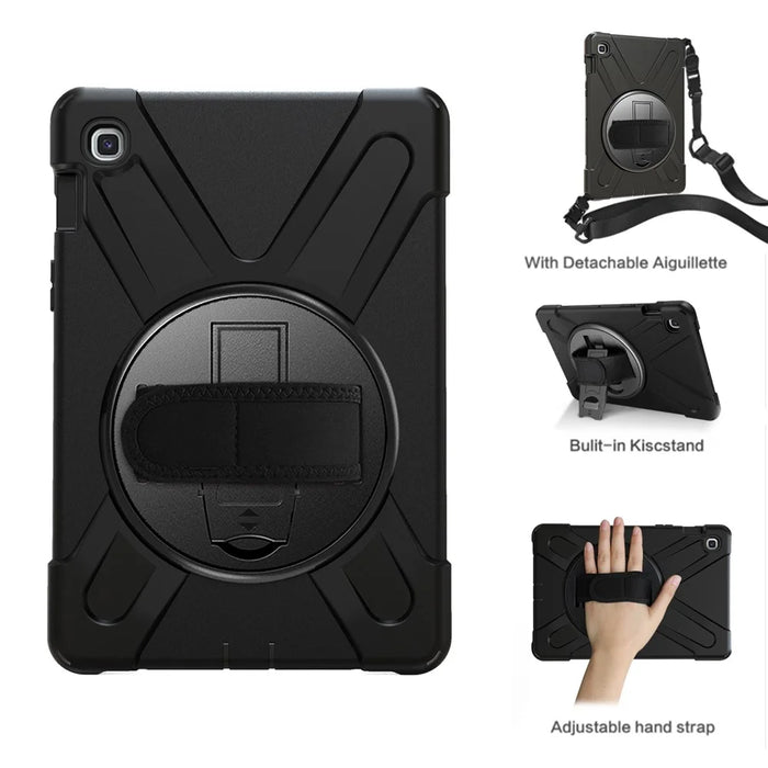 X-Shape 360 Degree Swivel PC + Silicone Combo Kickstand Shell with Shoulder Strap for Samsung Galaxy Tab S5e SM-T720 - Black - 1