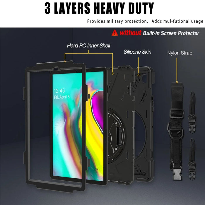 X-Shape 360 Degree Swivel PC + Silicone Combo Kickstand Shell with Shoulder Strap for Samsung Galaxy Tab S5e SM-T720 - Black - 2