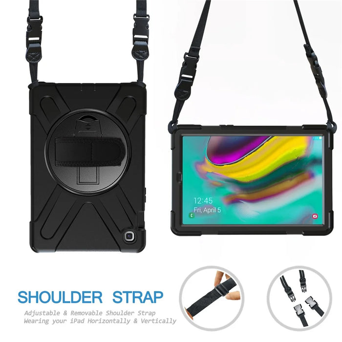 X-Shape 360 Degree Swivel PC + Silicone Combo Kickstand Shell with Shoulder Strap for Samsung Galaxy Tab S5e SM-T720 - Black - 3