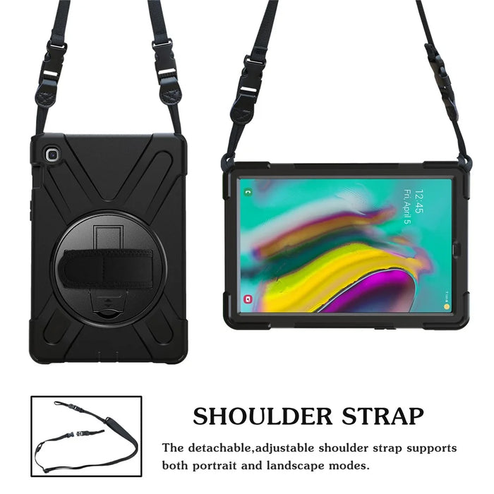 X-Shape 360 Degree Swivel PC + Silicone Combo Kickstand Shell with Shoulder Strap for Samsung Galaxy Tab S5e SM-T720 - Black - 4