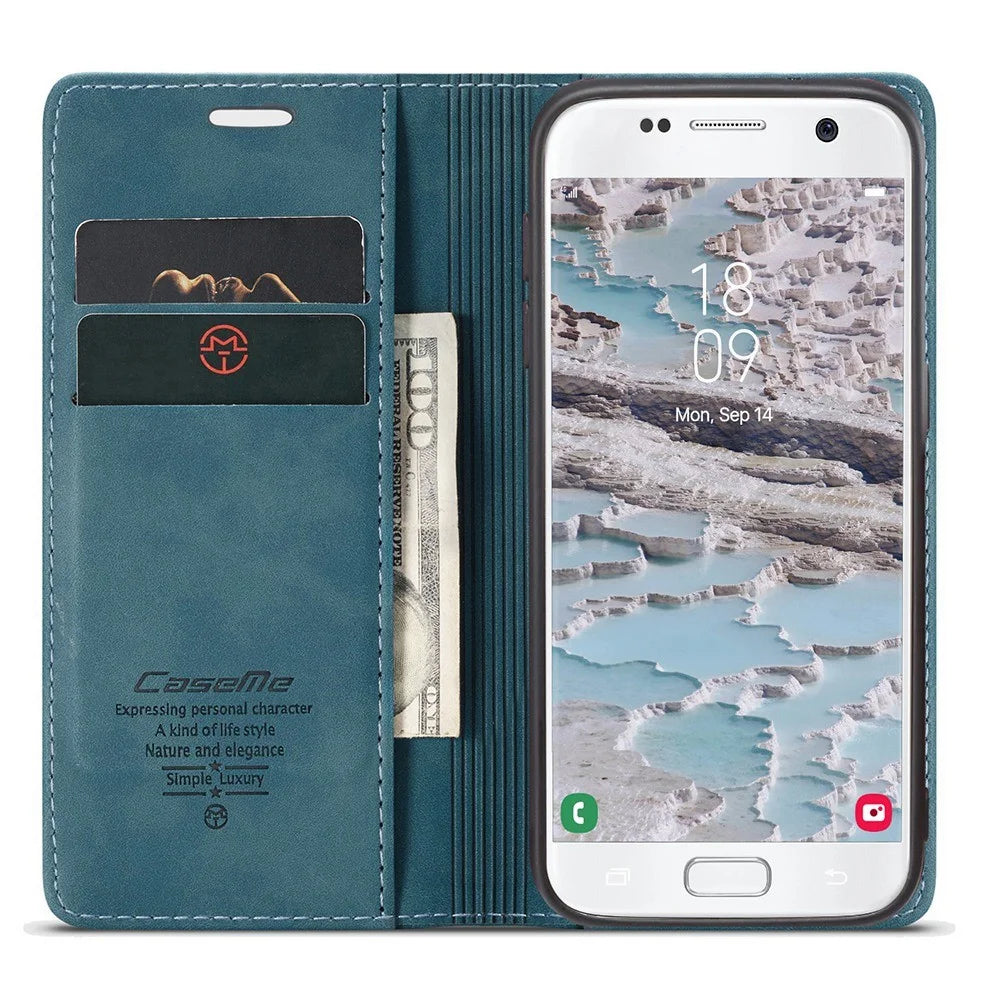 CASEME 013 Series Auto-absorbed Leather Wallet Phone Shell for Samsung Galaxy S7 SM-G930 - Blue - 2