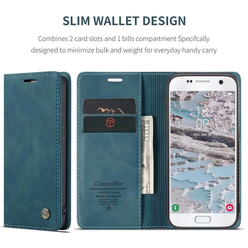 CASEME 013 Series Auto-absorbed Leather Wallet Phone Shell for Samsung Galaxy S7 SM-G930 - Blue - 4