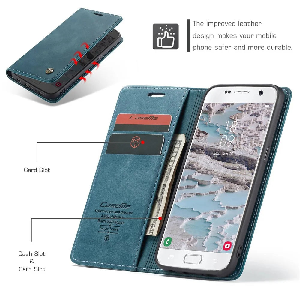 CASEME 013 Series Auto-absorbed Leather Wallet Phone Shell for Samsung Galaxy S7 SM-G930 - Blue - 5