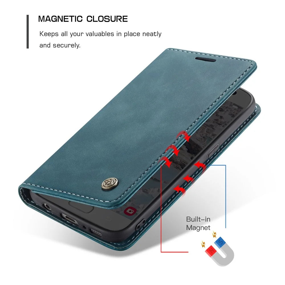 CASEME 013 Series Auto-absorbed Leather Wallet Phone Shell for Samsung Galaxy S7 SM-G930 - Blue - 6