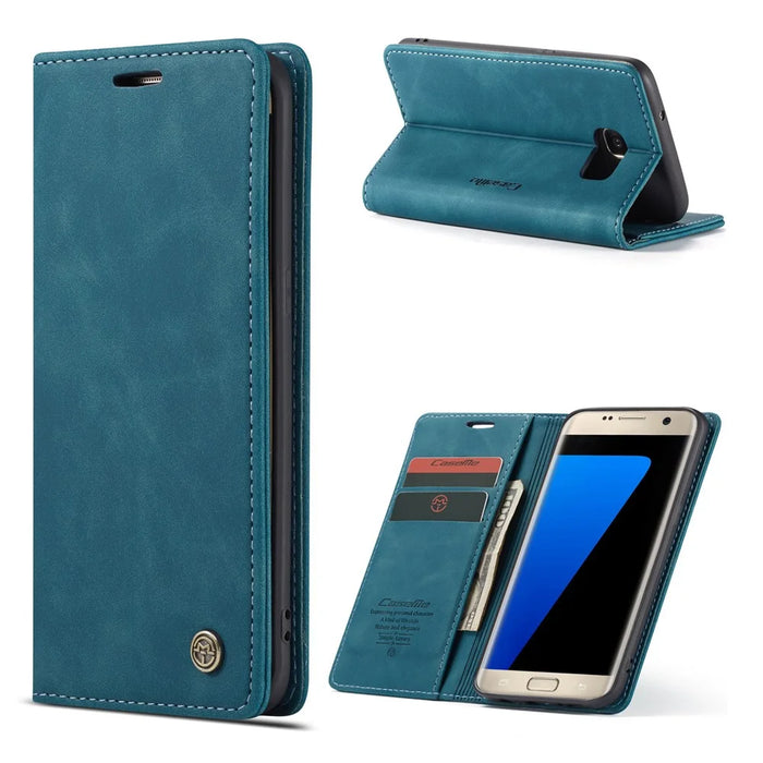 CASEME 013 Series Auto-absorbed Leather Wallet Stand Casing for Samsung Galaxy S7 edge G935 - Blue - 1