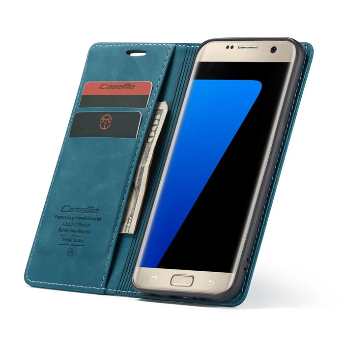 CASEME 013 Series Auto-absorbed Leather Wallet Stand Casing for Samsung Galaxy S7 edge G935 - Blue - 2