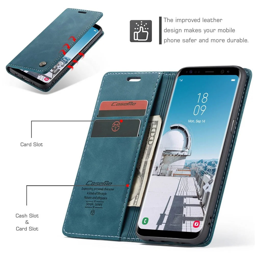 CASEME 013 Series Auto-absorbed Leather Wallet Stand Phone Case Cover for Samsung Galaxy S8 G950 - Blue - 5