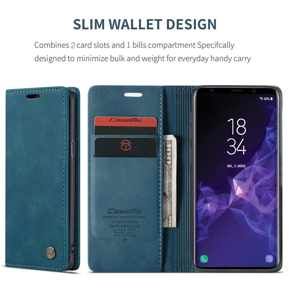 CASEME 013 Series Auto-absorbed Leather Wallet Stand Case for Samsung Galaxy S9 G960 - Blue - 2