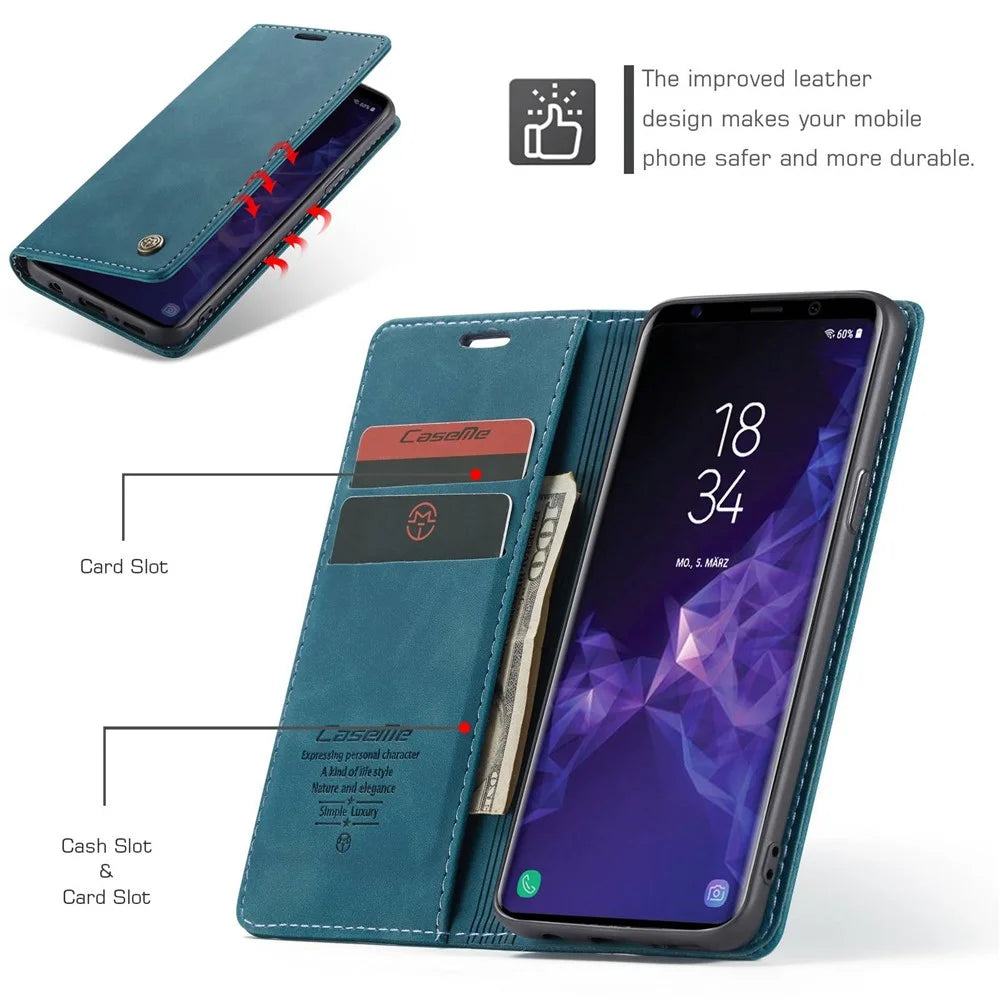 CASEME 013 Series Auto-absorbed Leather Wallet Stand Case for Samsung Galaxy S9 G960 - Blue - 3