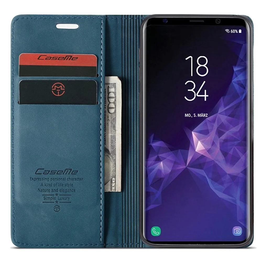 CASEME 013 Series Auto-absorbed Leather Wallet Stand Case for Samsung Galaxy S9 G960 - Blue - 4