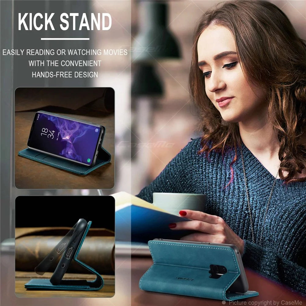 CASEME 013 Series Auto-absorbed Leather Wallet Stand Case for Samsung Galaxy S9 G960 - Blue - 6