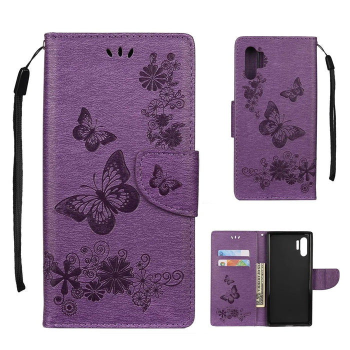 Imprint Butterfly Flowers Leather Stand Wallet Folio Case for Samsung Galaxy Note 10 Plus/Note 10 Plus 5G - Purple - 1