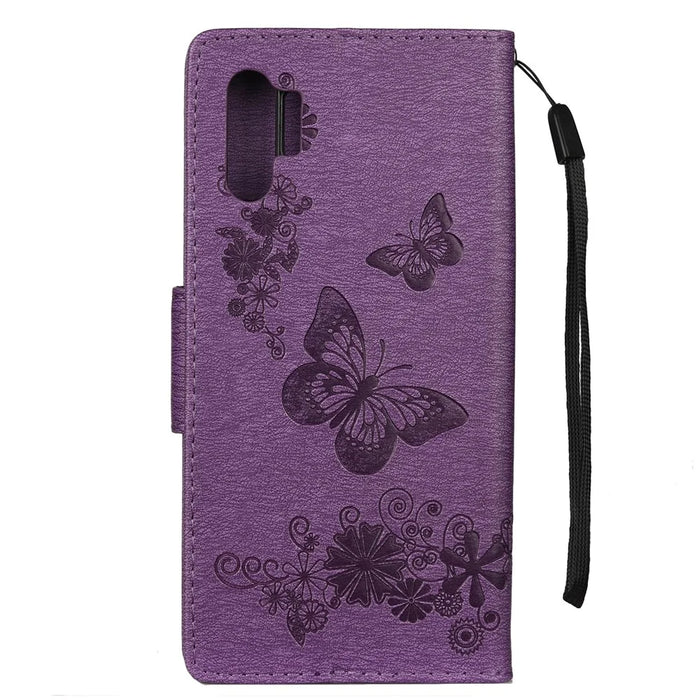 Imprint Butterfly Flowers Leather Stand Wallet Folio Case for Samsung Galaxy Note 10 Plus/Note 10 Plus 5G - Purple - 3