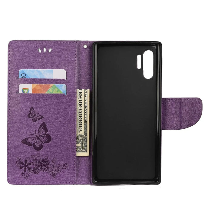 Imprint Butterfly Flowers Leather Stand Wallet Folio Case for Samsung Galaxy Note 10 Plus/Note 10 Plus 5G - Purple - 4