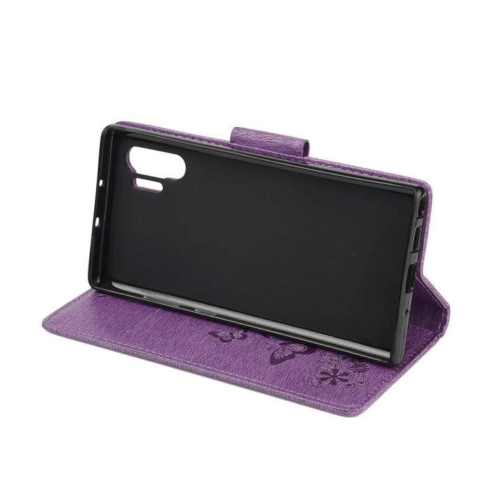Imprint Butterfly Flowers Leather Stand Wallet Folio Case for Samsung Galaxy Note 10 Plus/Note 10 Plus 5G - Purple - 5