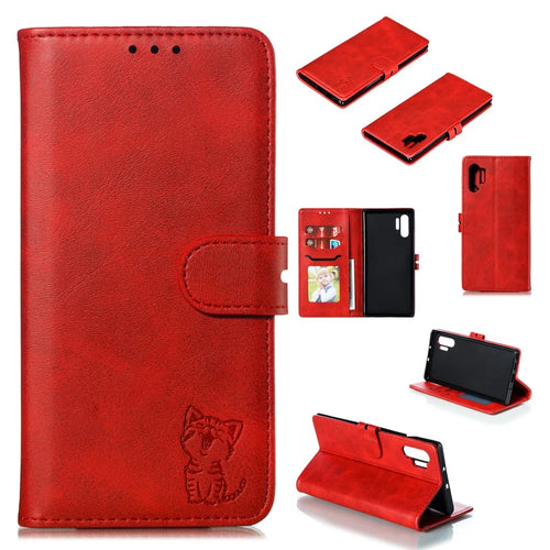 Imprinted Cat Pattern Leather Wallet Phone Cover for Samsung Galaxy Note 10 Plus/Note 10 Plus 5G - Red - 1
