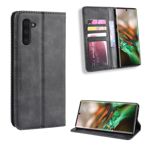 Auto-absorbed Vintage Style PU Leather Wallet Case for Samsung Galaxy Note 10/Galaxy Note 10 5G - Black - 1